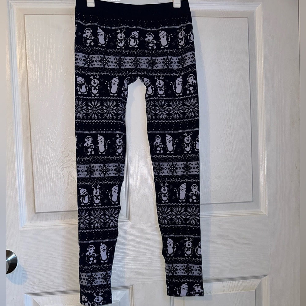 Christmas snowman and penguin pants-navy blue-stretchy material size large kids